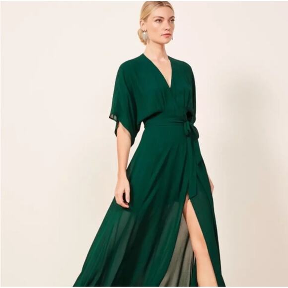 Reformation Winslow maxi wrap forest green dress XS *flaws formal party - Picture 1 of 10